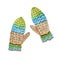 Watercolor hand painted Knitted mitten illustration in blue green brown color. Warm trendy accessory collection isolated