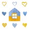 Watercolor hand painted knitting homes and hearts. Blue and yellow Ukraines support