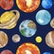 Watercolor hand painted lifeless nature solar system seamless pattern with Mercury, Venus, earth, Mars, Jupiter, Saturn, Uranus, N