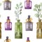 Watercolor hand painted nature aromatherapy spa seamless pattern with purple, green and brown glass bottles with aroma oil, green