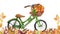 Watercolor hand painted nature autumn composition with green bicycle, brown basket with big orange pumpkin