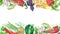 Watercolor hand painted nature banner composition with green bell pepper, dill, parsley, basil, bay leaf, peas, red chili pepper,
