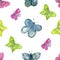 Watercolor hand painted nature colorful summer seamless pattern with multicolor blue, yellow and pink different butterflies