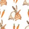 Watercolor hand painted nature domestic animals and plants seamless pattern with beige and red rabbit pair and orange carrot veget