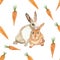 Watercolor hand painted nature domestic animals and plants seamless pattern with beige and redhead rabbits pair and orange carrots