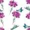 Watercolor hand painted nature floral and animal seamless pattern with pink belladonna flower and green leaves, branches and blue