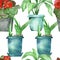 Watercolor hand painted nature floral seamless pattern with green ficus leaves, aloe and red blossom flowers in a blue and grey cl