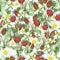 Watercolor hand painted nature forest meadow background composition with red wild strawberry, white yellow blossom flowers and gre