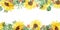 Watercolor hand painted nature garden plants banner frame with yellow sunflowers, orange sea buckthorn berries and green eucalyptu