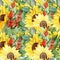 Watercolor hand painted nature garden plants seamless pattern background with yellow sunflowers, orange sea buckthorn berries and