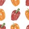 Watercolor hand painted nature garden plants seamless pattern with orange and red bell peppers with green stem vegetables