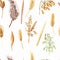 Watercolor hand painted nature grain fields plant seamless pattern with yellow, green and white, oats, barley, millet cereals