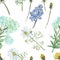 Watercolor hand painted nature herbal floral seamless pattern with white chamomile, blue yarrow and forget-me-not, yellow dandelio