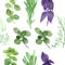 Watercolor hand painted nature herbal plants seamless pattern with purple basil, green rosemary, marjoram, dill and cumin leaves a