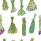 Watercolor hand painted nature herbal seamless pattern with green bouquets clover, eucalyptus, lavender, arnica, wormwood, yarrow