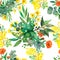 Watercolor hand painted nature meadow floral seamless pattern with green eucalyptus leaves on branches, orange marigold, yellow ac