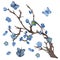 Watercolor hand painted nature romantic floral composition with brown tree, branches, blue blossom flowers and butterflies around