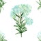 Watercolor hand painted nature seamless pattern with blue blooming flower yarrow and green branch and leaves