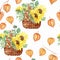 Watercolor hand painted nature seamless pattern with yellow sunflower, orange sea buckthorn berries, green eucalyptus leaves on br