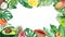 Watercolor hand painted nature tropical border frame with green palm leaves, avocado, papaya, mango, orange, lemon, lime, coconut,