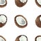 Watercolor hand painted nature tropical exotic plants seamless pattern with brown coconut nut and white flesh