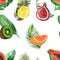 Watercolor hand painted nature tropical seamless pattern with green palm leaves, kiwi, orange, passion fruit, lemon, fig fruits co