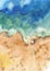 Watercolor hand painted nature warm texture background summer beach composition with yellow sand and blue sea water
