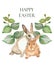 Watercolor hand painted nature wild animal composition with beige and orange rabbits pair, green eucalyptus leaves on branch