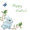 Watercolor hand painted nature wild animal spring holiday composition with blue little rabbit, green leaves on branches and butter
