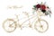 Watercolor hand painted romantic illustration on white background - gold vintage wedding tandem bicycle with basket of flowers.