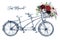 Watercolor hand painted romantic illustration on white background - vintage wedding tandem bicycle with basket of flowers. Floral