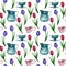 Watercolor hand painted seamless pattern with antique turquoise and pink tableware: milk jug, cups, saucer, tulips on white