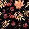 Watercolor hand painted seamless pattern with autumn leaves, rowan branches on black background. Perfect for fall or thanksgiving