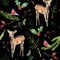 Watercolor hand painted seamless pattern with baby deer, bullfinch, holly, coniferous branches and rose hip on black background.
