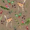 Watercolor hand painted seamless pattern with baby deer, bullfinch, holly, coniferous branches and rose hip on brown background.