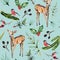 Watercolor hand painted seamless pattern with baby deer, bullfinch, holly, coniferous branches and rose hip on green background.