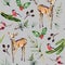 Watercolor hand painted seamless pattern with baby deer, bullfinch, holly, coniferous branches and rose hip on grey background.