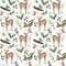 Watercolor hand painted seamless pattern with baby deer, bullfinch, holly, coniferous branches and rose hip on white background.
