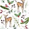 Watercolor hand painted seamless pattern with baby deer, bullfinch, holly, coniferous branches and rose hip on white background.