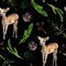 Watercolor hand painted seamless pattern with baby deer, pine cones and coniferous branches on black background.