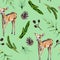 Watercolor hand painted seamless pattern with baby deer, pine cones and coniferous branches on green background.