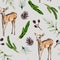 Watercolor hand painted seamless pattern with baby deer, pine cones and coniferous branches on grey background.