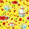 Watercolor hand painted seamless pattern with cherrys, teacup, lemon, sugar bowl and teapot