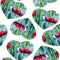 Watercolor hand painted seamless pattern with heart shaped compositions of green blooming cactuses on white background