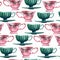 Watercolor hand painted seamless pattern including illustrations of antique turquoise and pink cups on white background. Cozy