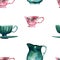 Watercolor hand painted seamless pattern including illustrations of antique turquoise and pink tableware on white background. Cozy