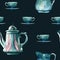Watercolor hand painted seamless pattern including illustrations of antique turquoise tableware: coffe pot, milk jug and cup.
