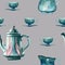 Watercolor hand painted seamless pattern including illustrations of antique turquoise tableware: coffe pot, milk jug and cup.