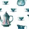 Watercolor hand painted seamless pattern including illustrations of antique turquoise tableware: coffe pot, milk jug and cup.