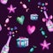 Watercolor hand painted seamless pattern with pink and turquoise hearts, champagne bottles, candies, stars and wrapped presents on